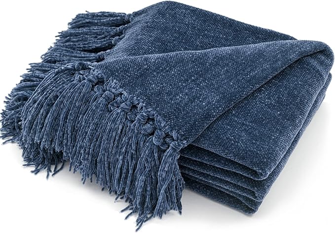 RECYCO Throw Blanket Soft Cozy Chenille Throw Blanket with Fringe Tassel for Couch Sofa Chair Bed Living Room Gift (Blue, 60" x 80")