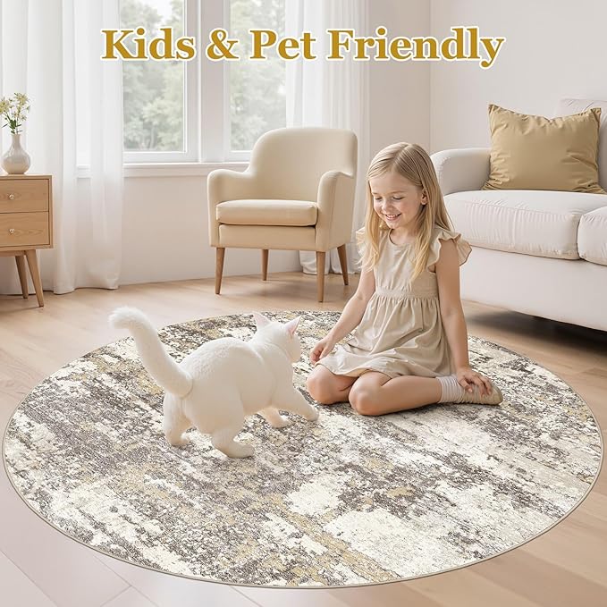 5ft Round Area Rugs for Living Room: 5x5 Abstract Washable Rug Modern Large Soft Stain Resistant Non-Slip Backing Machine Table for Bedroom Dining Room Indoor Home Office Carpet - Gold Brown