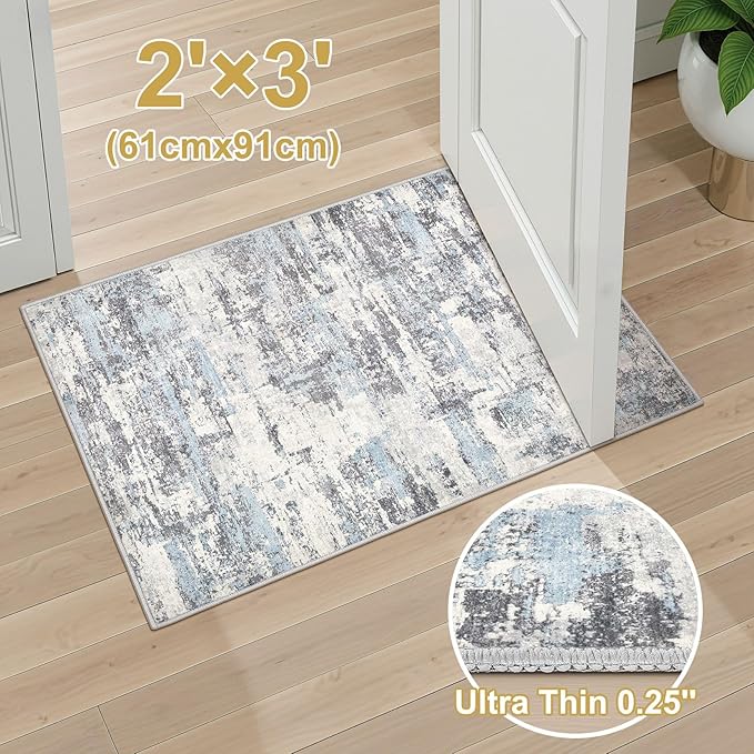 Washable Area Rugs: 2x3 Abstract Modern Soft Stain Resistant Non-Slip Backing for Living Room Entryway Bedroom Nursery - Blue Grey