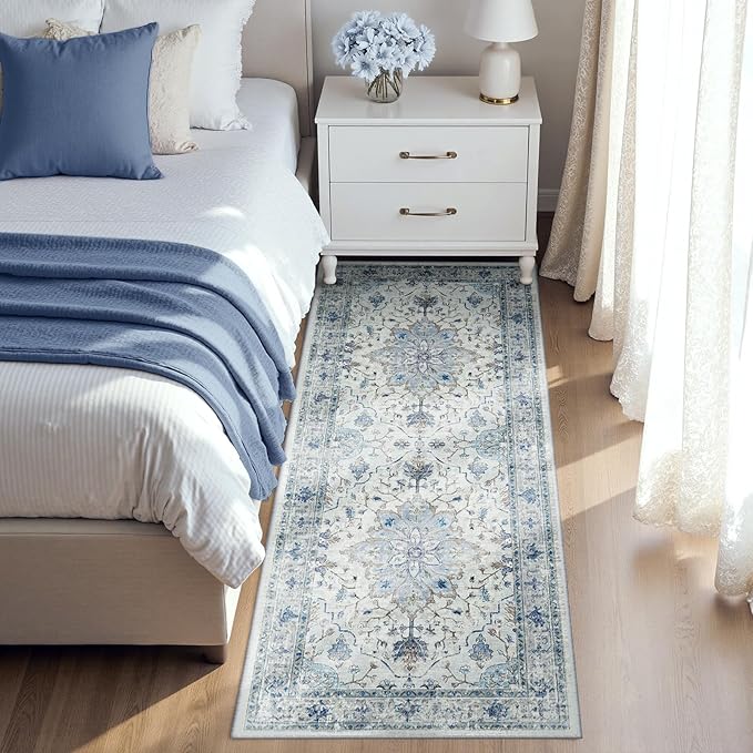 RELEANY Area Rugs 3'x6' Runner Rug Non Slip Washable for Kitchen Hallway Bedroom Beside Laundry Room Bathroom Rug, Floor Carpet, Light Blue Navy Beige Gray White