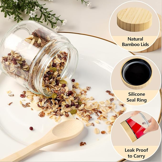 12 Pack 10oz Glass Jars with Bamboo Lids, Spoons, Airtight Overnight Oats Containers, Salad & Yogurt Storage, Mason Jars for Snacks, Spices, Meal Prep – Reusable