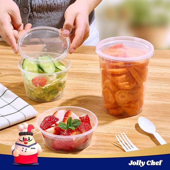 JOLLY CHEF Deli Food Storage Containers with Lids: [48 Sets 3 Sizes] 8 oz, 16 oz, 32 oz Plastic Soup Containers, BPA-free, leak-proof, Takeout Meal Prep Storage