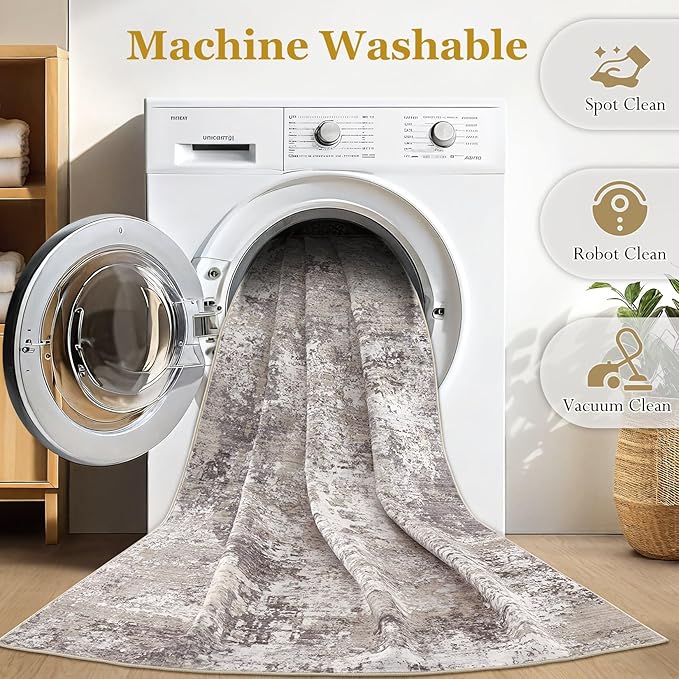 Area Rugs for Living Room: 6x9 Abstract Washable Rug Modern Neutral Large Soft Stain Resistant Non-Slip Backing Machine Table for Bedroom Dining Room Indoor Home Office Carpet - Light Brown