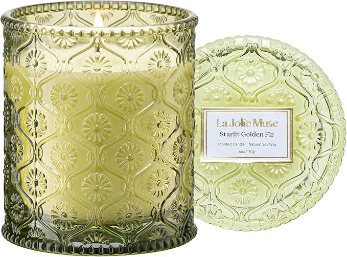 LA JOLIE MUSE Starlit Golden Fir Scented Candle | Cedarwood, Patchouli & Fir Balsam | 6 oz Soy Wax | 40 Hours Clean Burn | Fresh Scent Candles for Home | Gift-Ready for Hosts & Gatherings