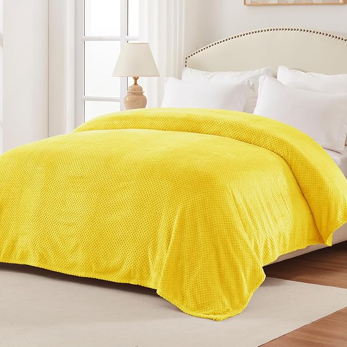 Exclusivo Mezcla Fleece Bed Blanket Queen Size, Super Soft and Warm Blankets for Couch, Sofa and Bed Waffle Textured, Cozy, Fuzzy and Lightweight (Vibrant Yellow, 90x90 Inches)