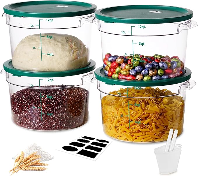 12QT NSF Food Storage Containers: 8 PCS [Food Grade][Hot&Cold Resistant] Commercial Clear Round Food Storage Containers with Scales Handles for Home Restaurant Kitchen Proof Dough(GREEN N)