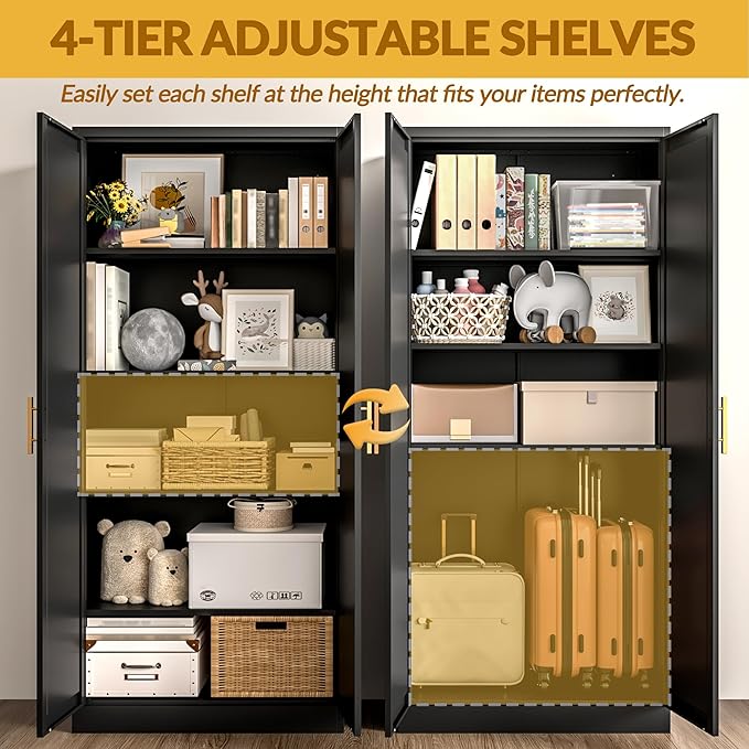 Kitchen Pantry Cabinet,71” Metal Tall Pantry Storage Cabinet with Doors and 4 Adjustable Shelves,Kitchen Storage Cabinets Black Freestanding Food Cabinet for Pantries, Kitchen, Livingroom, Dining Room