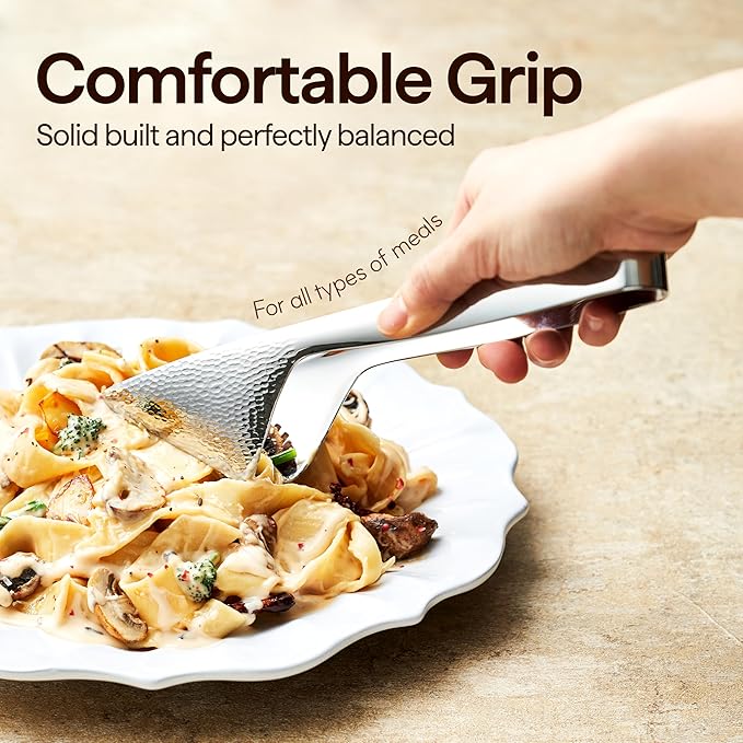 Luciella Ponza Flatware Set for 8, 45-Piece Stainless Steel Silverware Set with Serving Utensils, Timeless Hammered Design, Rust-Resistant, Mirror Polished & Dishwasher Safe