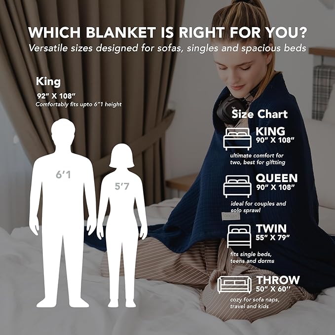 Goqan Throw Blanket 55x60 – 100% Turkish Cotton 4 Layer Boho Muslin Blanket for Adults, Four Season Blanket Lightweight and Thin, Soft, Breathable for Bed, Couch, Picnic - Navy