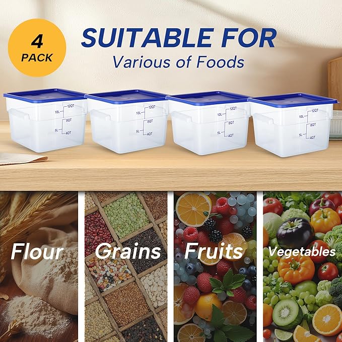 4 Pack 12 Quart Food Storage Containers with Lids, Polycarbonate Square Commercial Food Containers, NSF, Clear, New Version