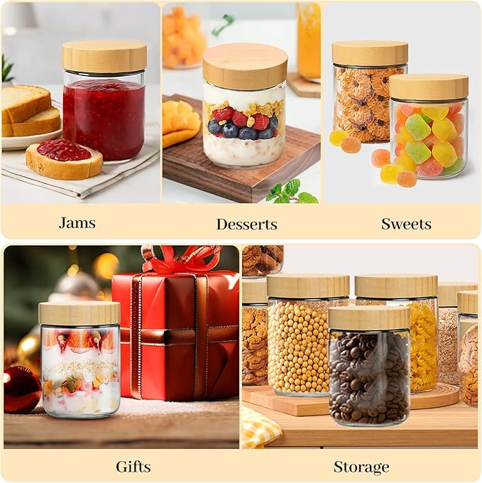 12 Pack 16oz Glass Jars with Bamboo Lids, Spoons, Airtight Overnight Oats Containers, Salad& Yogurt Storage, Mason Jars for Snacks, Spices, Meal Prep – Reusable
