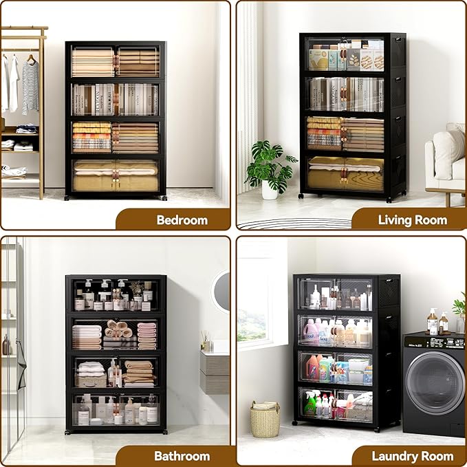 SAILUN 500QT Stackable Storage Bins with Lid, Collapsible Storage Bins With Doors and Wheels, Folding Plastic Cabinet Containers for Home Kitchen Closet Organization, 4 Pack