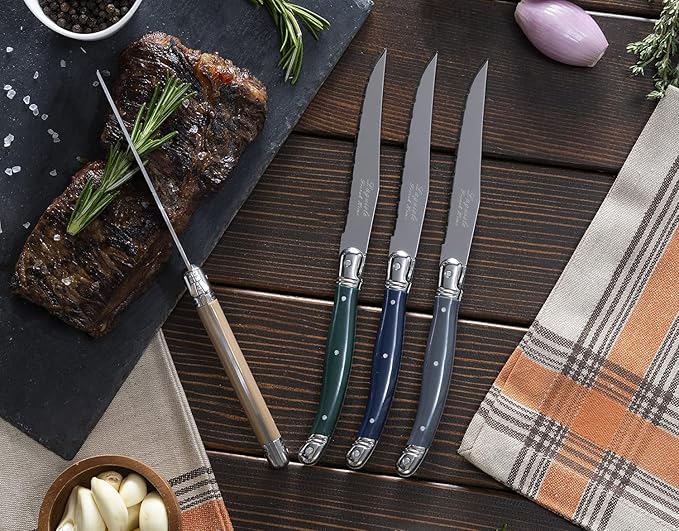 French Home Laguiole 4-Piece Steak Knife Set – Sophisticated Stainless Steel Dinner Knives with Earth Toned Handles & Iconic Bee Emblem – Serrated Knives for Smooth Cutting (9.25")