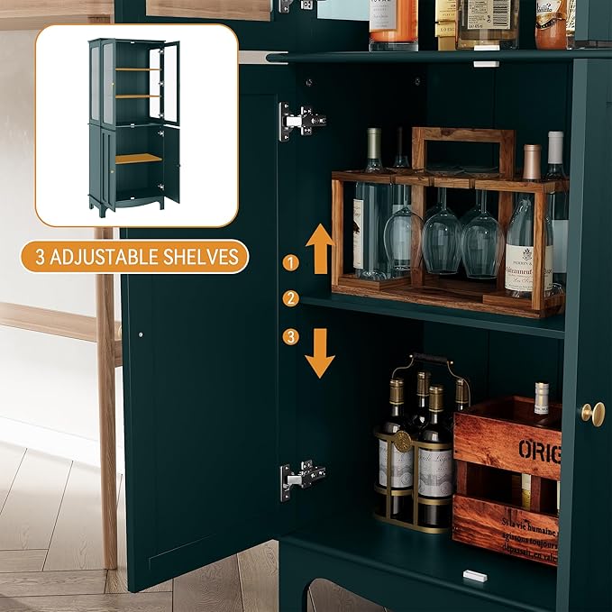 72" Tall Kitchen Pantry Cabinet with Glass Door and Adjustable Shelves, Vintage Food Storage Cabinet for Kitchen, Dining Room, Living Room, Teal