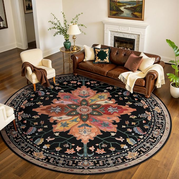 RELEANY Area Rugs 7ft Washable Non-Slip, Floral Vintage Distress Print Pattern Medallion Carpet for Living Room Bedroom Dining Room, Black Colorful Floral Dark Tan