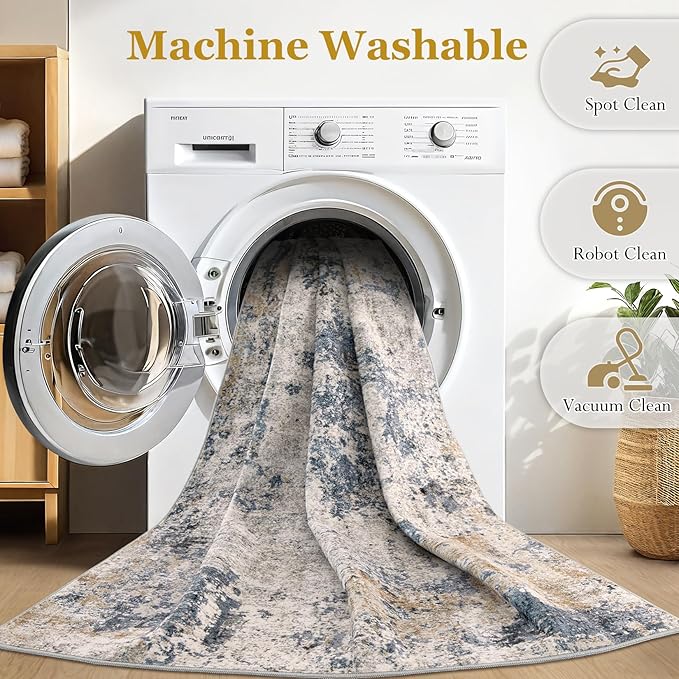 Area Rugs for Living Room: 10x14 Abstract Washable Rug Large Soft Stain Resistant Non-Slip Backing for Bedroom Dining Room Indoor Home Office Carpet for Kids Pet Friendly Families - Blue Brown