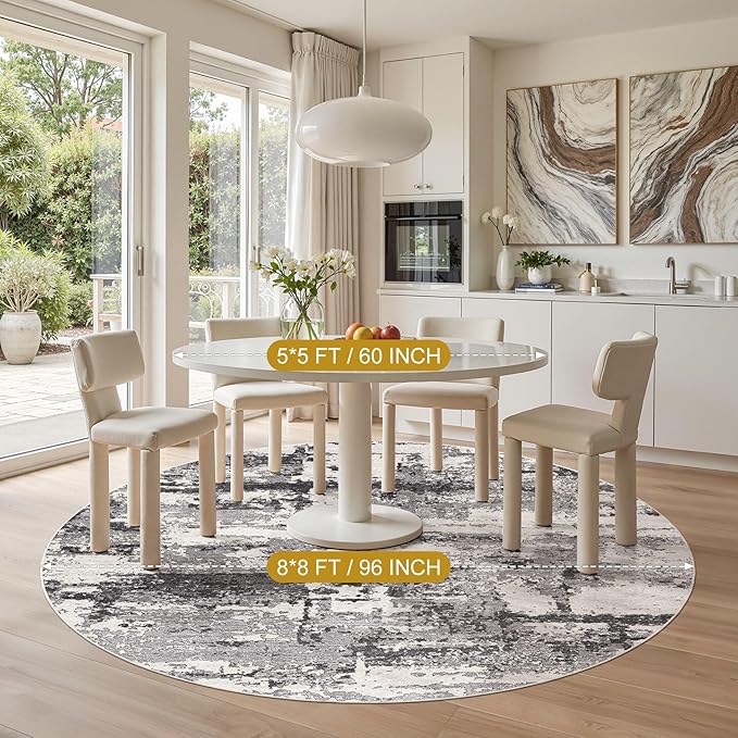 8ft Round Area Rugs for Living Room: 8x8 Abstract Washable Rug Modern Large Soft Stain Resistant Non-Slip Backing Machine Table for Bedroom Dining Room Indoor Home Office Carpet - Black Grey