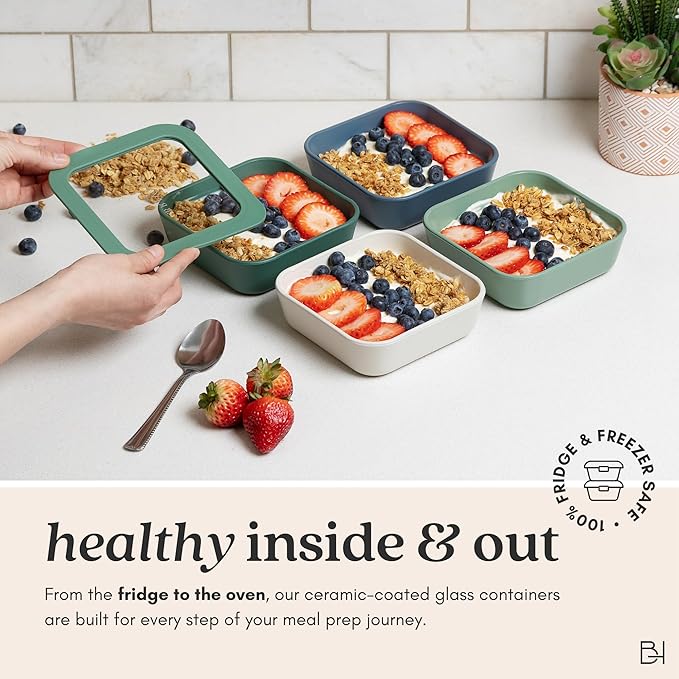 Ceramic Coated Glass Food Storage Container | No PTFE, PFOA, PFAS, and BPA | Reusable Non Toxic Meal Prep Container with Glass Lid | Easy To Store | 3 Cup Rectangle [Dusk]