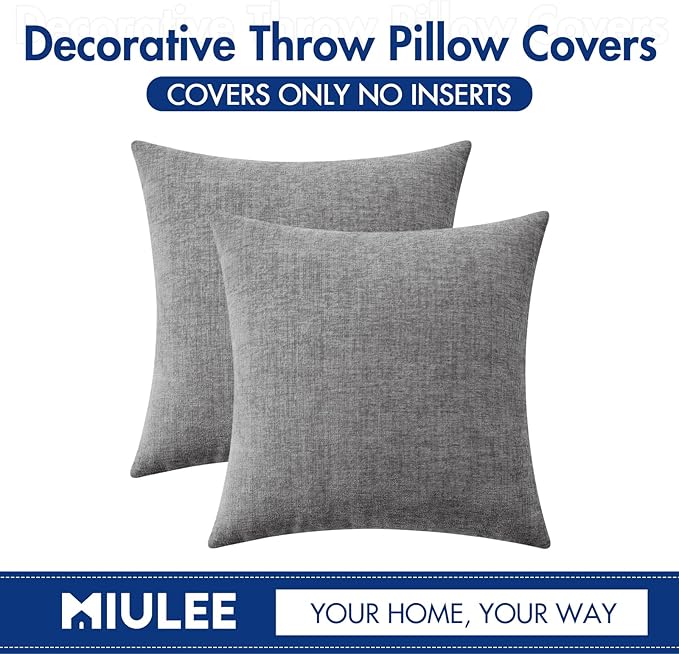 MIULEE Pack of 2 Couch Throw Pillow Covers 20x20 Inch Soft Dark Gray Chenille Pillow Covers for Sofa Living Room Solid Dyed Pillow Cases