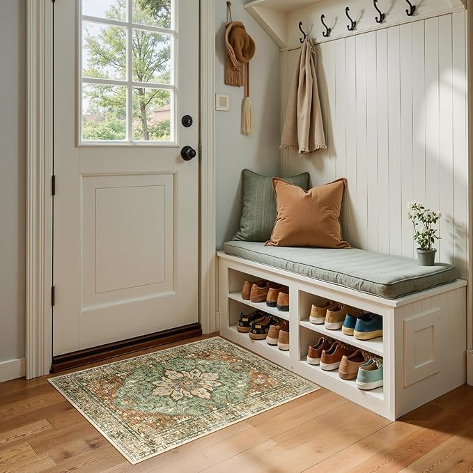 RELEANY Area Rugs 2'x3' Kitchen Rugs Entry Rug Small Rugs for Entryway Kitchen Bathroom Door Mat Indoor Entrance,Washable Non Slip, Brick Red Rust Neutral Brown Burnt Orange Green