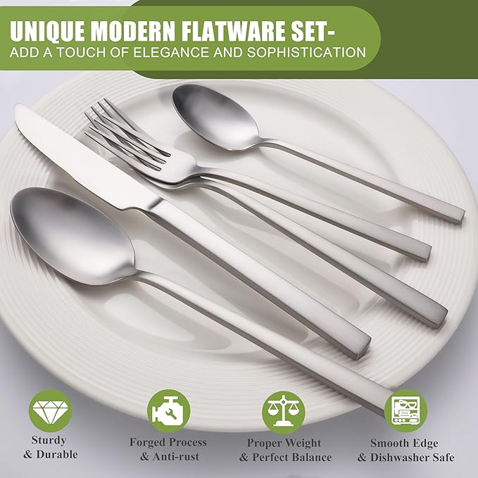 Forged Silverware Set for 8, 40-Piece Stainless Steel Matte Satin Finish Flatware Set Silverware Cutlery Set Tableware Modern Kitchen Utensils Set for Home Restaurant, Dishwasher Safe