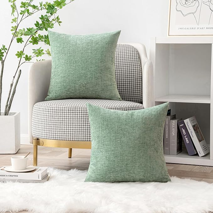MIULEE Pack of 2 Couch Throw Pillow Covers 20x20 Inch Soft Greyish Green Chenille Pillow Covers for Sofa Living Room Solid Dyed Pillow Cases