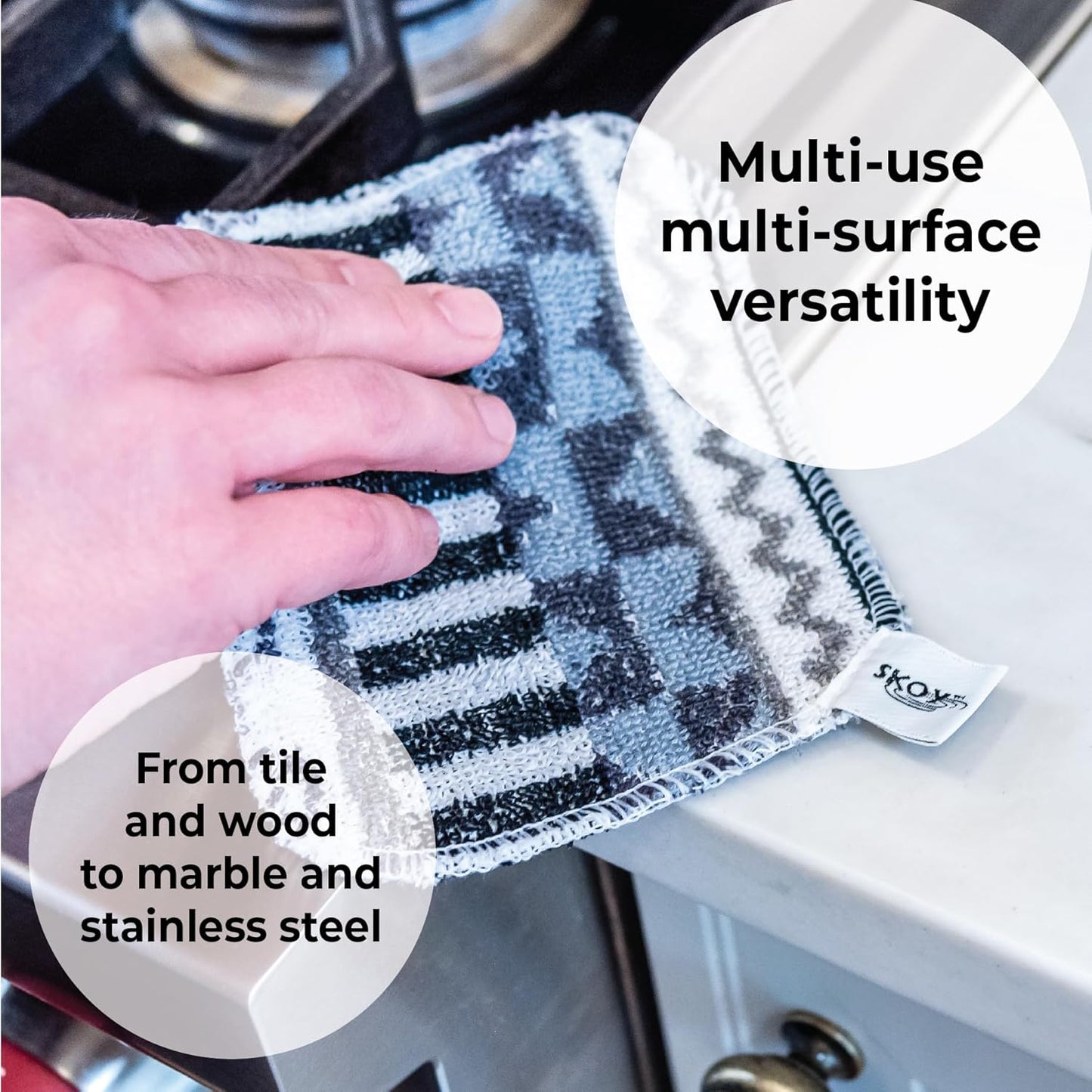 Skoy Scrub, 8-Pack Reusable, Non-Scratching Dish Scrubber for Kitchen and Household Cleaning, Planet-Friendly, Dishwasher Safe Soft Scrub, Assorted Colors and Designs