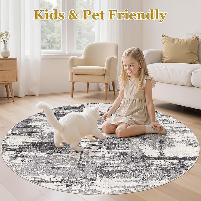 6ft Round Area Rugs for Living Room: 6x6 Abstract Washable Rug Modern Large Soft Stain Resistant Non-Slip Backing Machine Table for Bedroom Dining Room Indoor Home Office Carpet - Black Grey