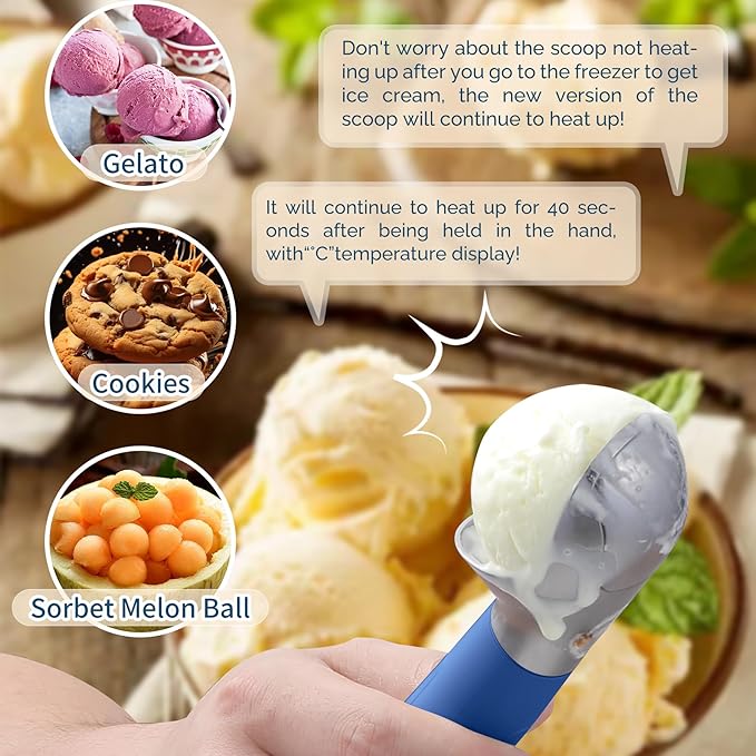 Heated Ice Cream Scoop Rechargeable, Electric Warming Ice Cream Scooper with LED Display, Heats to 158°F for Hard Ice Cream, Easy for Seniors & Kids, IP67 Waterproof (Blue, 2 oz)