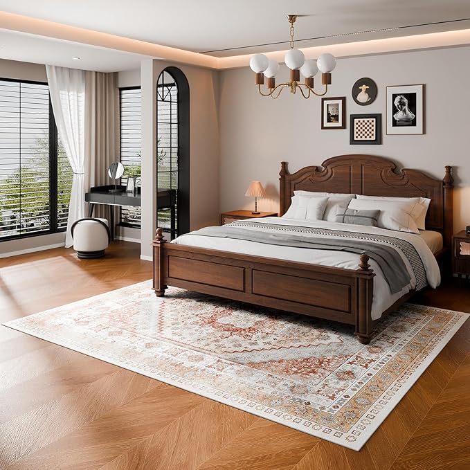 VEVOR 8 x 10 ft Area Rug Large Washable Rug Non-Slip and Tear-Resistant Soft Carpet Pet & Child Friendly Vintage Area Rugs Indoor Mat for Bedroom Living Room Kids Room Office Brown Red