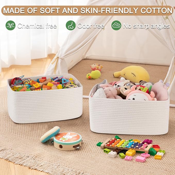 OIASKET Large Storage Basket for Organizing, Woven Rope Basket for Shelves, Closet Organizer Bins for Clothes, Blanket, Toys, Baby Nursery Storage, 17.7" x 13" x 7.87", 2 Packs White