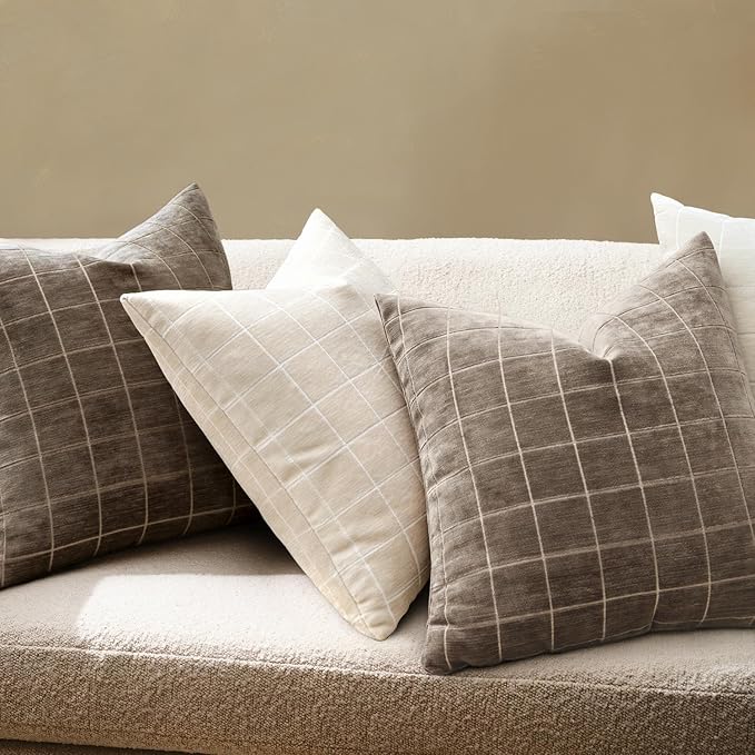 MIULEE Decorative Chenille Check Throw Pillow Covers Vintage Plaid Couch Pillows 20x20 Inch Set of 2 Neutral Boho Farmhouse Cushion Covers Modern Spring Home Decor for Sofa Bed Living Room Taupe Grey