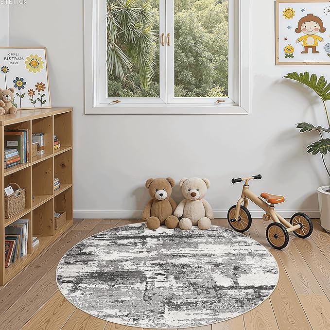 4ft Round Area Rugs for Living Room: 5x5 Abstract Washable Rug Modern Large Soft Stain Resistant Non-Slip Backing Machine Table for Bedroom Dining Room Indoor Home Office Carpet - Black Grey