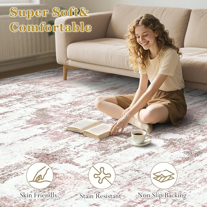 Area Rugs for Living Room: 6x9 Abstract Washable Rug Modern Neutral Large Soft Stain Resistant Non-Slip Backing Machine Table for Bedroom Dining Room Indoor Home Office Carpet - Pink