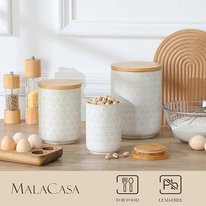 MALACASA LYDIA Ceramic Canisters Set with Airtight Lids, 80/40/20 oz Coffee Canisters Sets for the Kitchen, Large Jars for Flour, Sugar, Pasta, Coffee, Cookies, Tea - Set of 3, Five-Leaf Grass