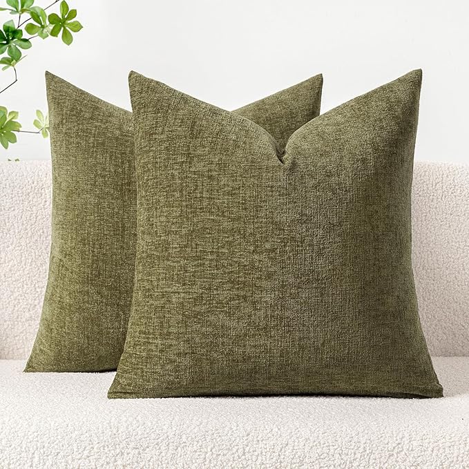 MIULEE Pack of 2 Couch Throw Pillow Covers 20x20 Inch Soft Olive Green Chenille Pillow Covers for Sofa Living Room Solid Dyed Pillow Cases