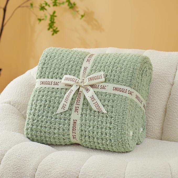 Snuggle Sac Ultra Soft Waffle Throw Blanket for Couch Bed Sofa 50x60 inches, Reversible Sage Green Blanket Microfiber Fluffy Fuzzy Cozy Knit Throws for Women Mothers Birthday Gifts