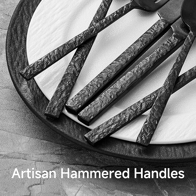 KINGSTONE 30 Pcs Black Hammered Silverware Set for 6, 18/10 Stainless Steel Heavy Duty Flatware Set, Tableware Cutlery Utensil Sets for Home Restaurant Dishwasher Safe