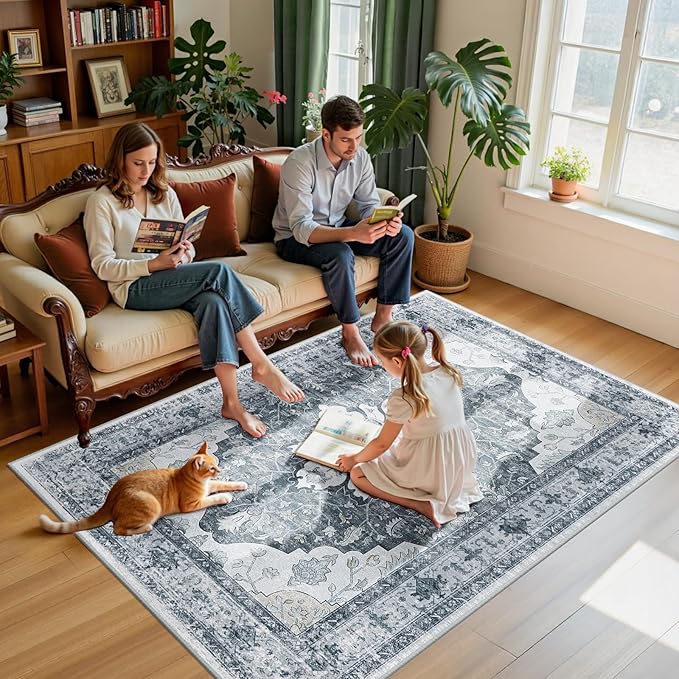 RELEANY Area Rugs 5'x7' Washable Non-Slip, Floral Vintage Distress Print Pattern Medallion Carpet for Living Room Bedroom Dining Room, Light Gray Grey White