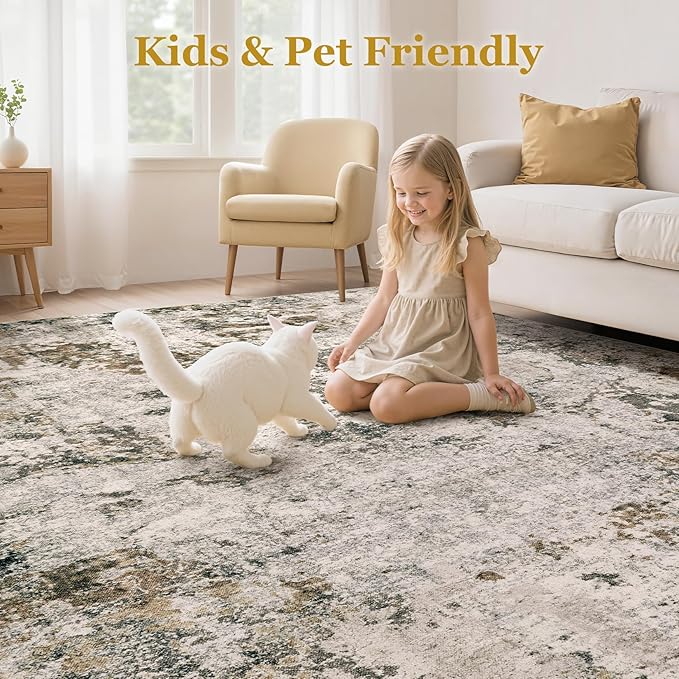 Area Rugs for Living Room: 6x9 Abstract Washable Rug Large Soft Stain Resistant Non-Slip Backing for Bedroom Dining Room Indoor Home Office Carpet for Kids Pet Friendly Families - Dark Brown