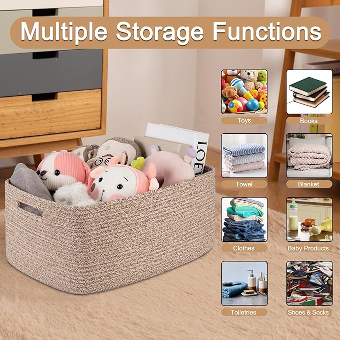 OIASKET Large Storage Basket for Organizing, Woven Rope Basket for Shelves, Closet Organizer Bins for Clothes, Blanket, Toys, Baby Nursery Storage, 17.7" x 13" x 7.87", 2 Packs Brown