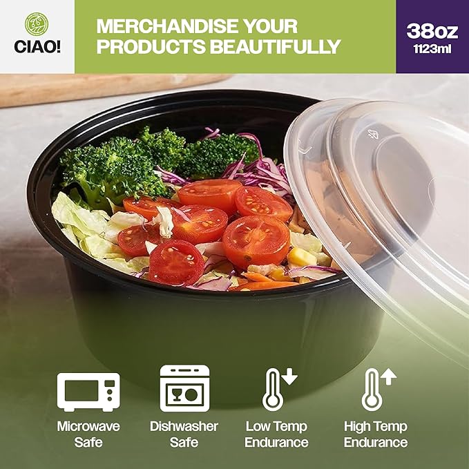 CIAO! Heavy Weight 38oz Injection Molded Microwavable Black Round Food Container with Lid (150/case)