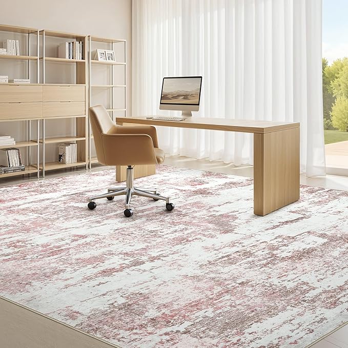 Area Rugs for Living Room: 5x8 Abstract Washable Rug Modern Neutral Large Soft Stain Resistant Non-Slip Backing Machine Table for Bedroom Dining Room Indoor Home Office Carpet - Pink