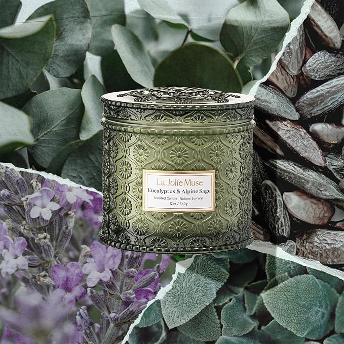 LA JOLIE MUSE Eucalyptus & Apline Sage Scented Candle | Eucalyptus, Sage, Lavender | 12 oz Double Cotton Wick Soy Candle | 60 Hours Clean Burn | Daily Relaxation & Cozy Ambiance | Elegant Home Decor