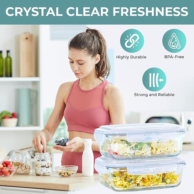 Razab 6.5 Cups / 52 Oz 4 Piece (2 Containers + 2 Lids) Glass Food Storage Containers Set with Airtight Locking Lids - For Storing, Baking & Serving BPA Free, Leakproof - Microwave, Freezer & Oven Safe