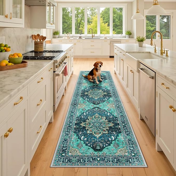RELEANY Area Rugs 2'x8' Runner Rug Non Slip Washable for Kitchen Hallway Bedroom Beside Laundry Room Bathroom Rug, Floor Carpet, Teal Green Lake Blue Turquoise