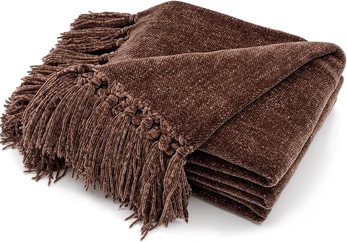 RECYCO Throw Blanket Soft Cozy Chenille Throw Blanket with Fringe Tassel for Couch Sofa Chair Bed Living Room Gift (Brown, 60'' x 80'')