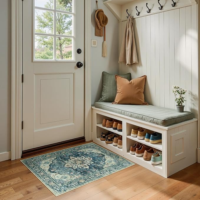 RELEANY Area Rugs 2'x3' Kitchen Rugs Entry Rug Small Rugs for Entryway Kitchen Bathroom Door Mat Indoor Entrance,Washable Non Slip, Dark Blue Vintage