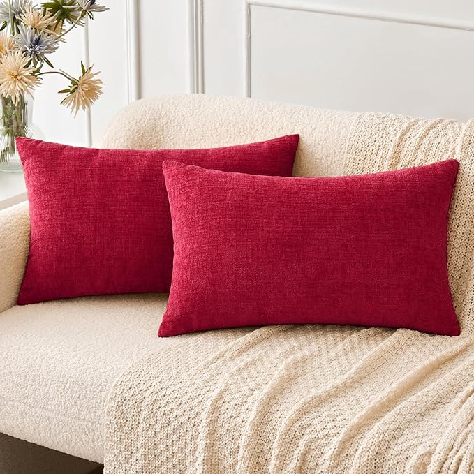 MIULEE Pack of 2 Christmas Red Couch Throw Pillow Covers 12x20 Inch Soft Chenille Pillow Covers for Sofa Living Room Solid Dyed Pillow Cases