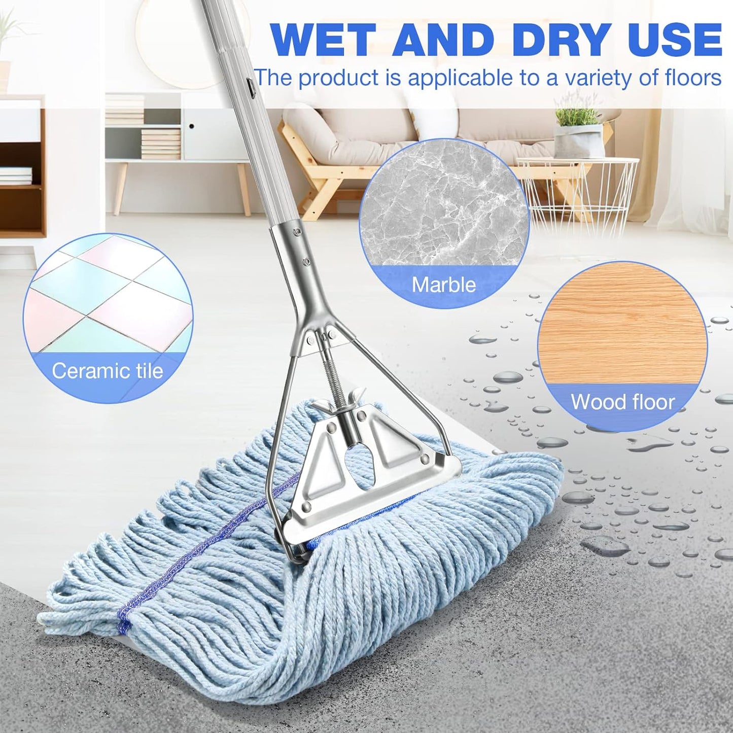String Mop Heavy Duty for Floor Cleaning- Industrial Commercial Wet Mop with 59inch Mop Handle for Home Garage Office Workshop Warehouse Floor Cleaning